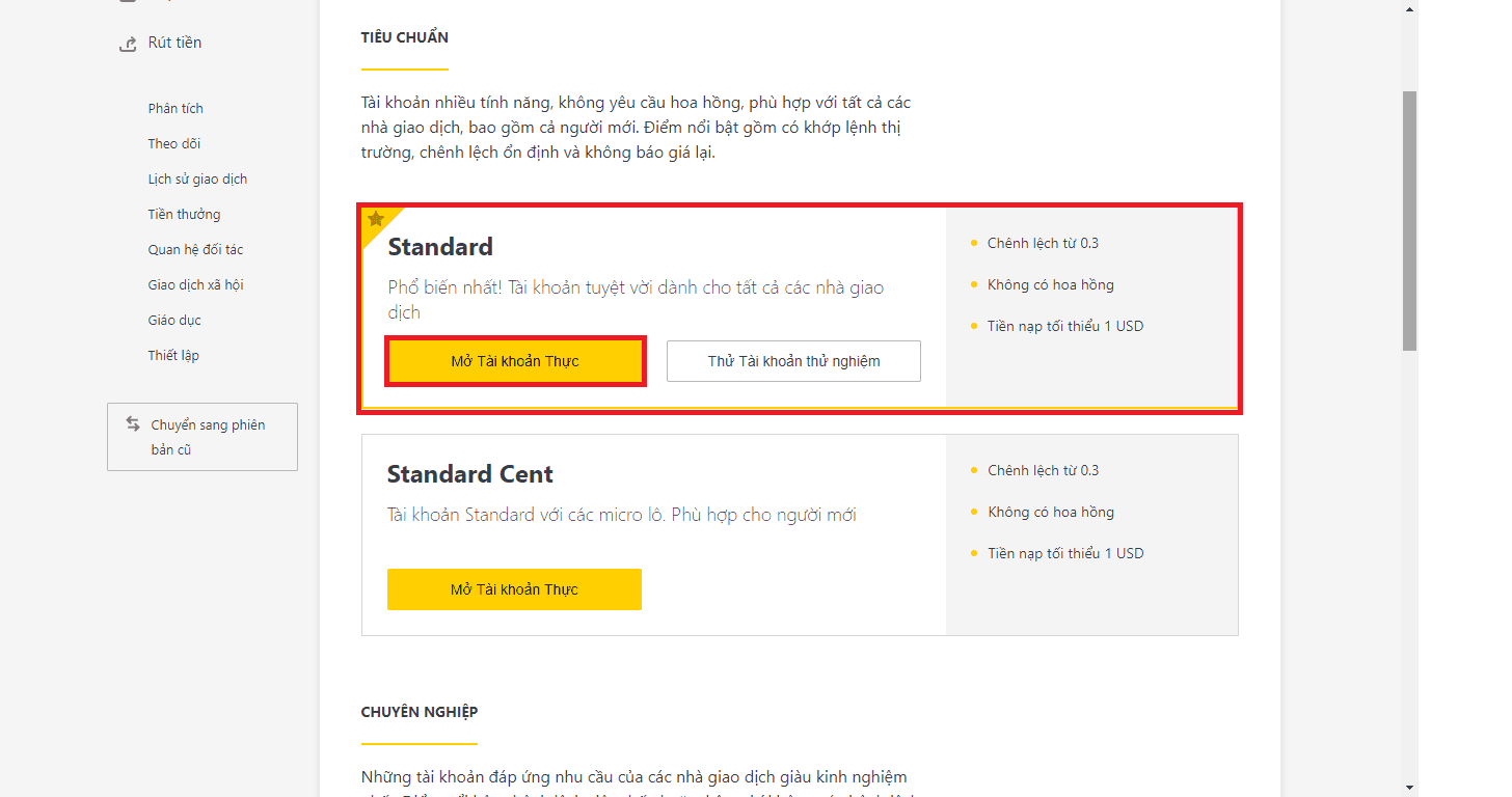 hướng dẫn mở tài khoản standard sàn exness