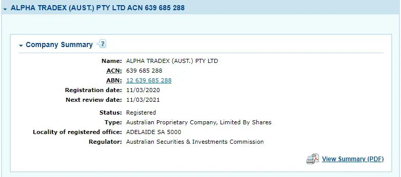Chứng chỉ hoạt động của ASIC được cung cấp cho sàn Alpha Tradex