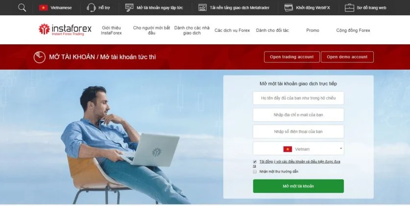 Giao diện mở tài khoản tại sàn InstaForex