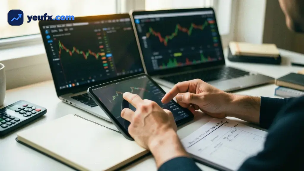 Trader theo dõi tin ngoại hối trên điện thoại và máy tính